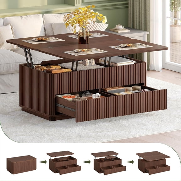 4-in-1 Lift Top Coffee Table with 2 Drawers, Fluted Panel Mid Century Modern Convertible Dining Table & Workstation with Divided Hidden Storage & Rounded Corners for Home, Brown