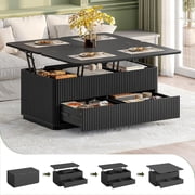 4-in-1 Lift Top Coffee Table with 2 Drawers, Fluted Panel Mid Century Modern Convertible Dining Table & Workstation with Divided Hidden Storage & Rounded Corners for Home, Black