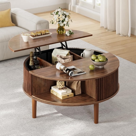 Round Lift Top Coffee Table, Modern Coffee Table with 180° Curved Sliding Door, Fluted Accent Coffee Tables with Hidden Storage and Open Shelves, for Living Room, Office, Walnut