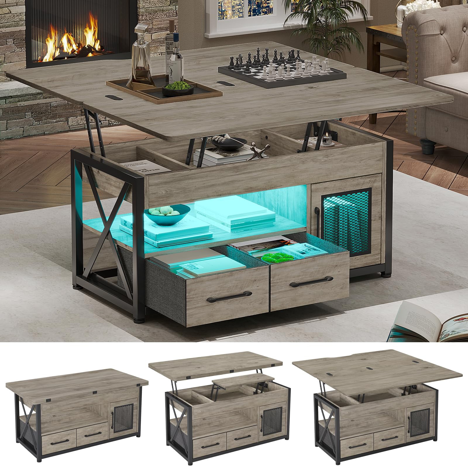 Gray Rectangular Lift-Top Wood Coffee Table with Storage and LED Light