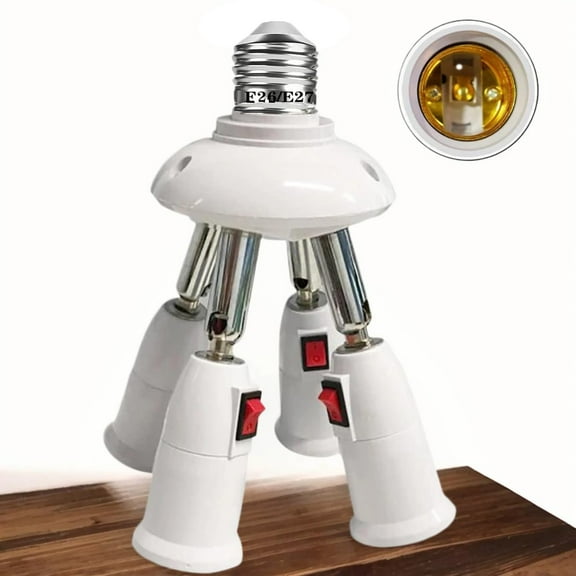 4-in-1 Light Socket Extender, E26/E27 to 4 Bulb Adapter with Adjustable Arms, 360° Rotatable for Ceiling Fan/Lamp Holder, UL Listed, Extension Splitter with Power Switch(White)