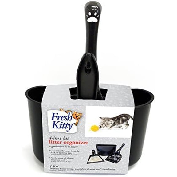 4-in-1 Litter Box Organizer Cleanup Kit Cat Litter Box Cleaning Supplies Sweeper & Dustpan, Scooper, Storage Caddy, Black