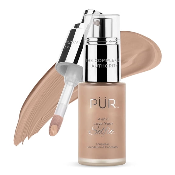 PÜR MINERALS 4-in-1 Love Your Selfie Longwear Foundation & Concealer Full Coverage Liquid Foundation, Hydrating Formula, Cruelty Free,Oak
