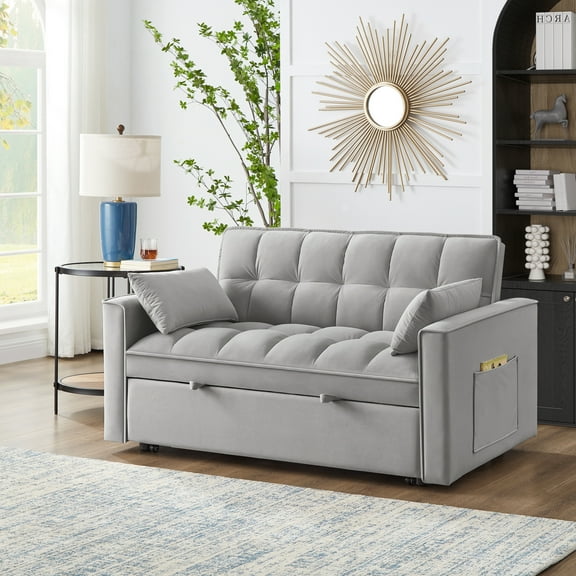 4-in-1 Loveseat Sofa Bed with Armrests and Storage Pockets, Multi-Function Tufted Pull-Out Sofa Bed with Adjustable Backrest and Pillows, Convertible Loveseat Couch, Gray