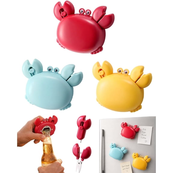 4-in-1 Magnetic Crab Bottle Opener with Folding Scissors & Box Cutter, Compact Steel Bar Tool for Camping Party Kitchen, Fridge Ornament (3 Pcs) (K)