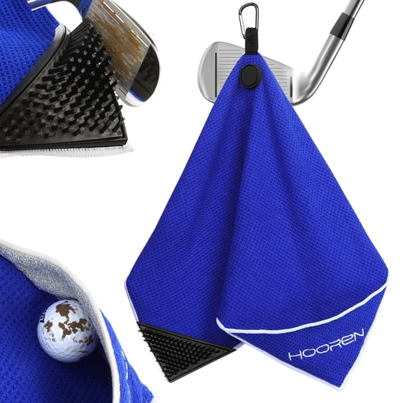4-in-1 Magnetic Golf Towel with Golf Brush & Cleaning Pocket -3 Stage Cleaning System - Super Strong Golf Club Cleaner- Microfiber Waffle Design- Golf Accessories and Gifts for Men Women (Blue)