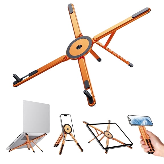 4-in-1 Magnetic Portable Stand for Laptop, Tablet & Phone Holder, Aluminum Foldable 8-Level Height Lightweight Adjustable Riser for Travel Office Desk Orange
