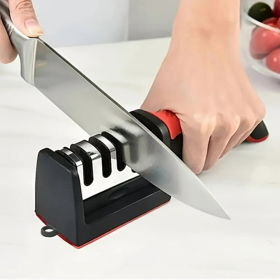4-in-1 Manual Kitchen Knife Sharpener – Stainless Steel 4-Stage Blade Sharpener with Non-Slip Handle & Base, Safe & Easy-to-Use Home Kitchen Tool