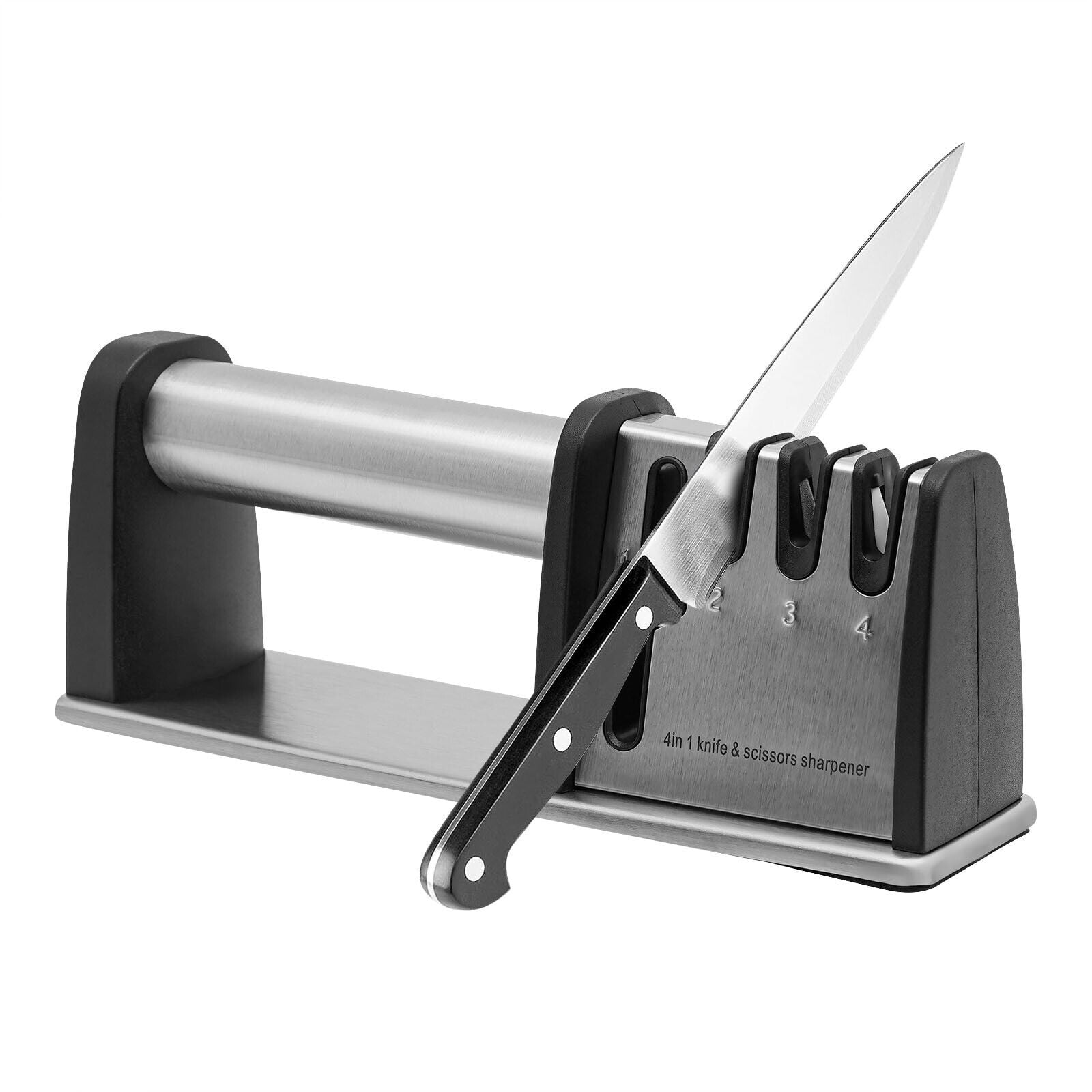 4-in-1 Manual Knife Sharpener with Round Handle for Kitchen Knives and Scissors, for Coarse Sharpening, Honing, Polishing, Silver-Black, 22 x 6.6 x 7.8 cm