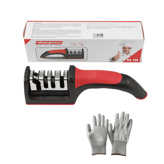 4-in-1 Manual Knife and Scissor Sharpener – 3-Stage Kitchen Knife Maintenance Tool with Cut-Resistant Glove for Blade Repair and Polishing