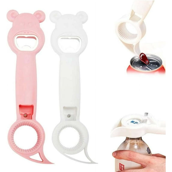 4-in-1 Manual Lid Remover 2 Pack Multifunctional Bottle Opener Bear Shape Ergonomic Grip for Seniors Arthritis Hands Can Jar Cap Kitchen Party Camping