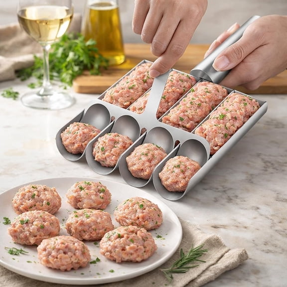 4-in-1 Meatball Maker Tool, 304 Stainless Steel Meatball Scoop & Mold, Makes 4 Uniform Meatballs at Once, Nonstick Release, Dishwasher Safe, for Pasta, Soup, Meal Prep & Party Appetizers