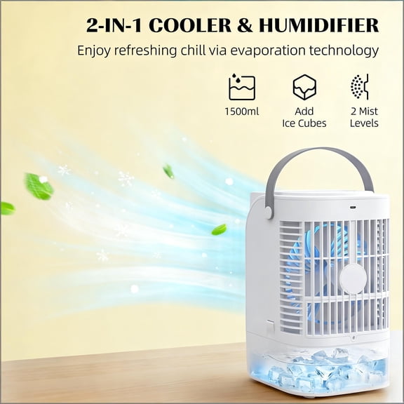 4-in-1 Mini Evaporative Air Cooler, Portable Air Conditioner with Humidifier, 7-Color LED Light, 1500ml Tank, 6H Timer, Type-C Powered, for Bedroom Office