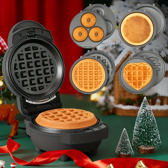 4 in 1 Mini Waffle & Pancake Maker, Mini Donut Maker, Heart Shape, Removable Plates, Recipe Included, Blue