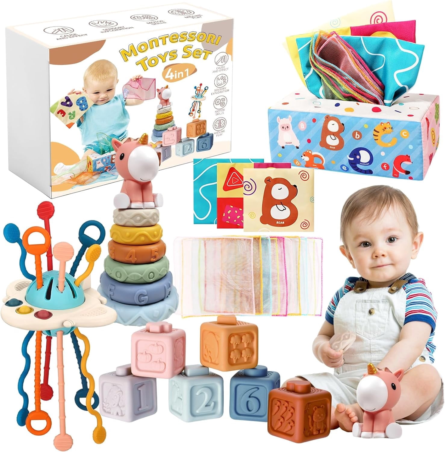 4-in-1 Montessori Baby Toy Set for 6-12 Months, Tissue Box Toy, Stacking Blocks, Building Blocks and Dinosaur Toy, Sensory Gift for Infants