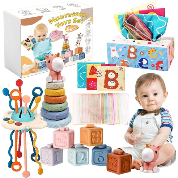 4-in-1 Montessori Baby Toy Set for 6-12 Months, Tissue Box Toy, Stacking Blocks, Building Blocks and Dinosaur Toy, Sensory Gift for Infants