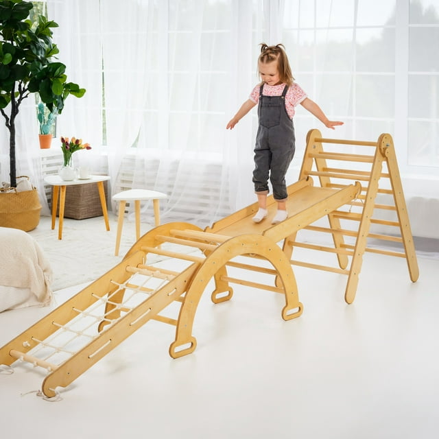 4-in-1 Montessori Indoor Playground: Wooden Foldable Triangle Ladder + Climbing Arch (Rocker Balance) + Slide Board (Ramp) + Spider Net for Kids 1-7 y.o.