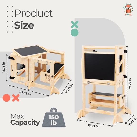 4-in-1 Montessori Smart Learning Tower Convertible Toddler Step Stool, Activity Table & Chalkboard Center, Adjustable Height with Safety Net Premium -Friendly Wooden Design for Kids 13