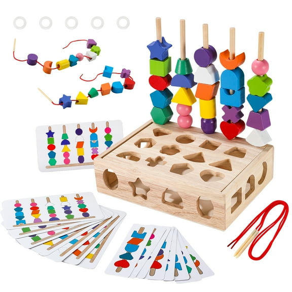 4 in 1 Montessori Wooden Beads Sequencing Toy, Sequencing Block Sorter Shape Matching Lacing Beads STEM for Boys Girls 2 3 4 Year Old Toddler Kids