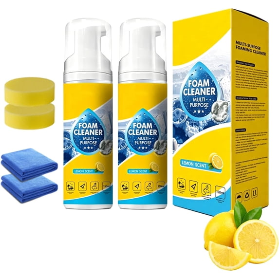 4-in-1 Multi-Enzyme Foam Cleaner 10oz, Lemon Scent Powerful Foam Spray, Deep Stain & Grease Remover for Car Interior, Kitchen, Bathroom Tiles and Sofa Upholstery,2PC