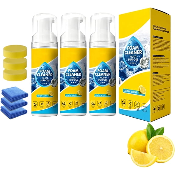 4-in-1 Multi-Enzyme Foam Cleaner 15oz, Lemon Scent Powerful Foam Spray, Deep Stain & Grease Remover for Car Interior, Kitchen, Bathroom Tiles and Sofa Upholstery,3PC
