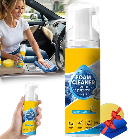 4-in-1 Multi-Enzyme Foam Cleaner 5oz, All Purpose Rinse Free Cleaning Spray for Car Interior, Kitchen Degreasing, Upholstery Fabric and Bathroom Tile, Includes Free Sponge & Towel
