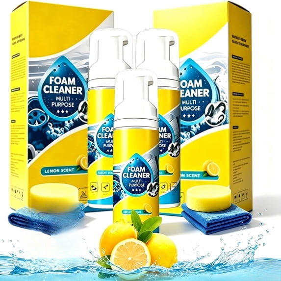 4-in-1 Multi-Enzyme Foam Cleaner-Cleaning Kit, All Purpose, Powerful & Multipurpose Car Interior Foam Cleaner, Lemon Fresh Scent, Deep Clean Car, Kitchen, Bathroom, Sofa