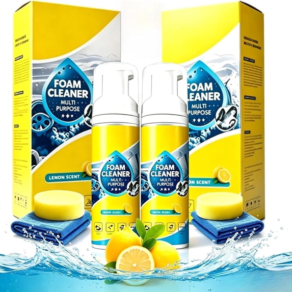 4-in-1 Multi-Enzyme Foam Cleaner-Cleaning Kit, All Purpose, Powerful & Multipurpose Car Interior Foam Cleaner, Lemon Fresh Scent, Deep Clean Car, Kitchen, Bathroom, Sofa (2Pcs, A cleaning kit)