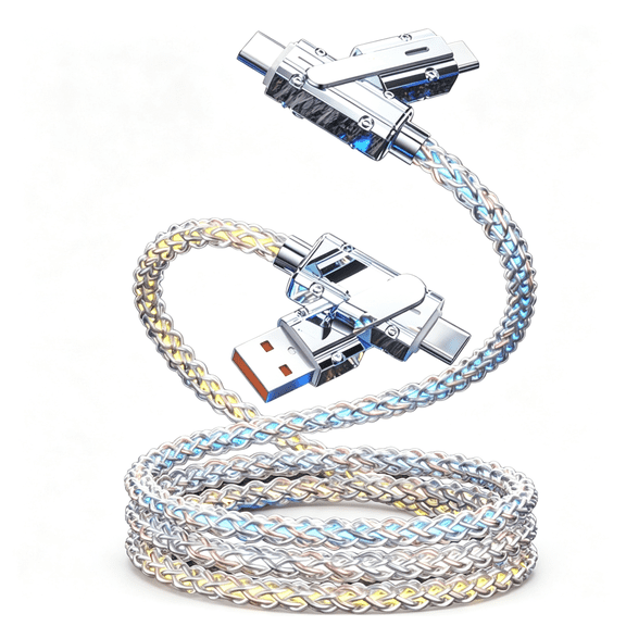 4 in 1 Multi Fast Charging Cable, Rotatable Zinc Alloy Connector, RGB Flowing Light Braided Charger Cord, Support Reverse Charging & Data Transfer