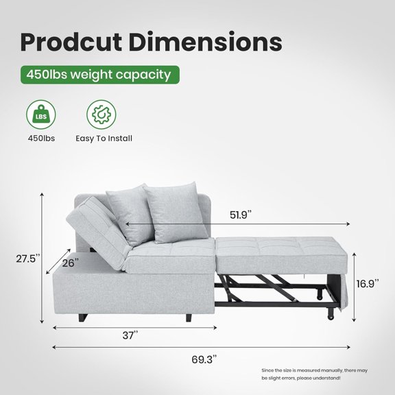 4-in-1 Multi-Functional Sleeper Chair Sofa Bed with Adjustable Backrest for Small Spaces, Light Gray