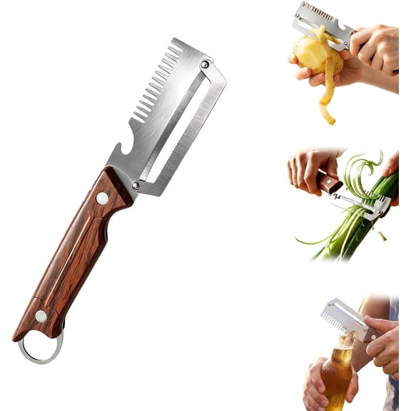 4-in-1 Multi-Functional Vegetable Peeler for Kitchen,2026 New Kitchen Multi-function Stainless Steel Thickened Fruit Peeler Knife with Wooden Handle for Peeling Fruits and Shredding Scallions (1 Pcs)