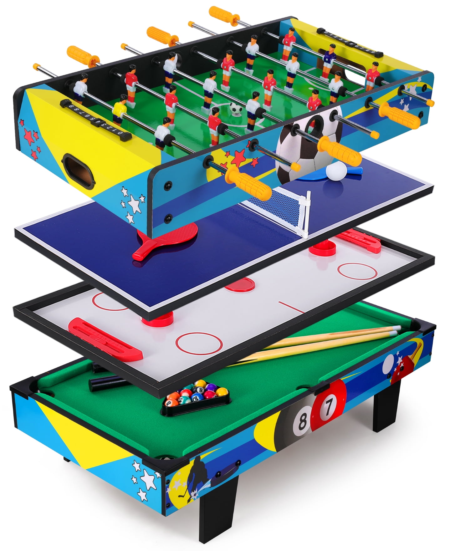 4-in-1 Combo Game Table with Air Hockey, Foosball, Billiards & Table Tennis - Multi Functional Arcade Game Table for Family Entertainment