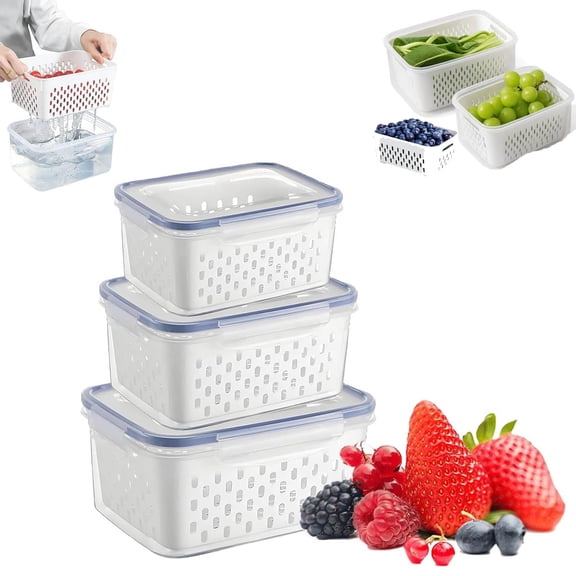 4-in-1 Multi Purpose Food Storage Container 3 Piece Set With Lids, Clear Plastic Refrigerator Produce Storage Organizer With Detachable Drain Basket For Household Fruit Vegetable Storage