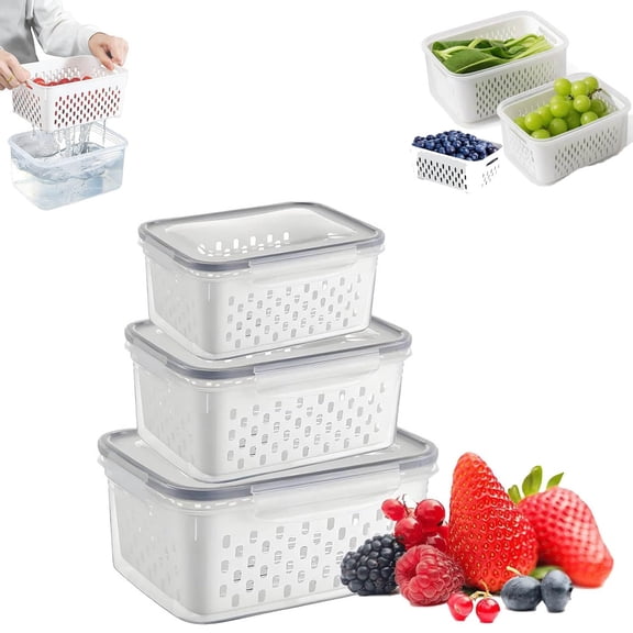4-in-1 Multi Purpose Food Storage Container 3 Piece Set With Lids, Clear Plastic Refrigerator Produce Storage Organizer With Detachable Drain Basket For Household Fruit Vegetable Storage