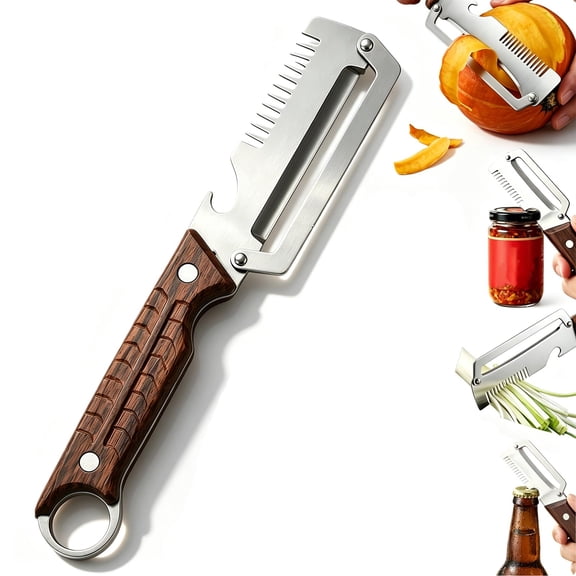 4-in-1 Multi-functional Vegetable Peele,Peeler with Thicken Wooden Handle And Bottle Opener Zero Flex Smooth Glide Potatoes Skin Heavy Duty Stainless Steel with hooks