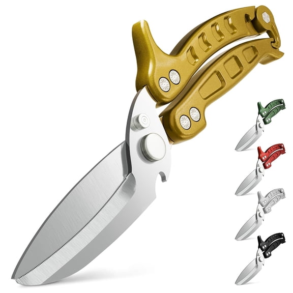 4-in-1 Multifunction Heavy Duty Kitchen Shears, Micro-Serrated Blades, Non-Slip Metal Handle, Spring-Loaded Bone Scissors, for Seafood, Poultry and Meat Cutting