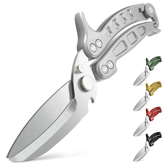 4-in-1 Multifunction Heavy Duty Kitchen Shears, Micro-Serrated Blades, Non-Slip Metal Handle, Spring-Loaded Bone Scissors, for Seafood, Poultry and Meat Cutting