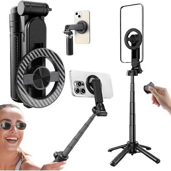 4-in-1 Multifunctional 360 Rotation Magnetic Selfie Stick with Detachable Wireless Remote for iPhone & Android, Portable Extendable Phone Tripod Stand for Travel Vlog Live Streaming