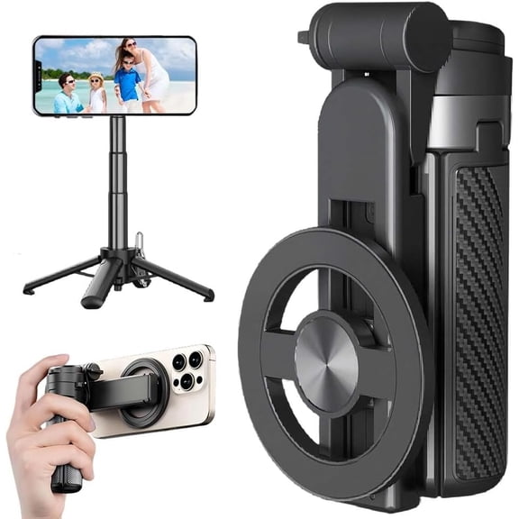 4-in-1 Multifunctional 360 Rotation Magnetic Selfie Stick, Mini Portable Extendable Phone Tripod with Remote and Metal Ring for Video Recording & Vlogging (Black)