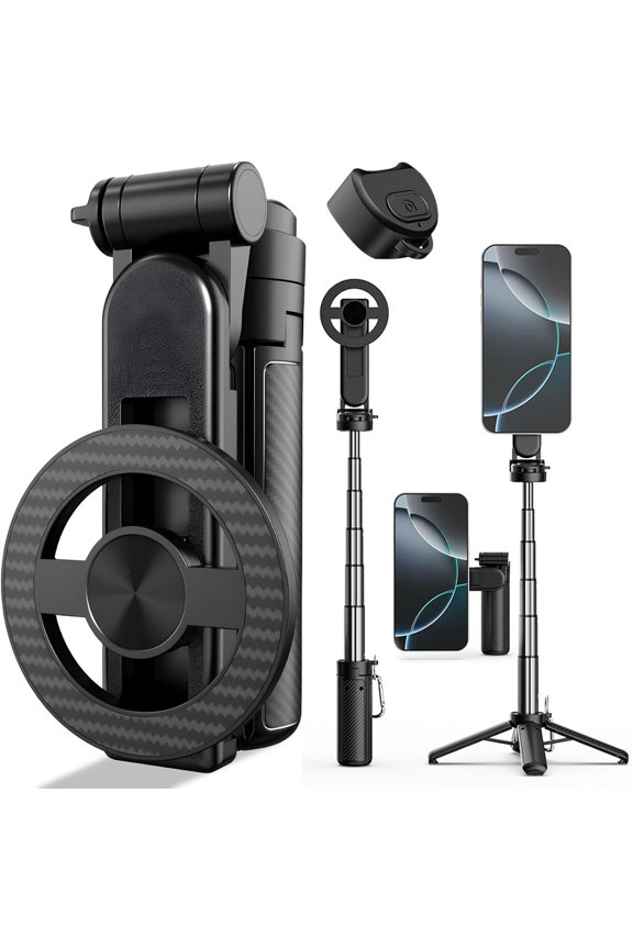 4-in-1 Multifunctional 360 Rotation Magnetic Selfie Stick, Mini Portable Extendable Phone Tripod with Remote and Metal Ring for iPhone & Android, for Travel Vlog Live Streaming (Black)