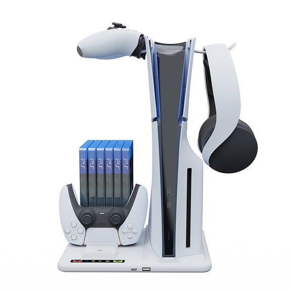 4-in-1 Multifunctional Cooling Stand for PS5 Slim - Dual DualSense Charger + Headphone Hook + 10-Game Disc Storage, Quiet Fans, Anti-Slip Base, Overcharge Protection | PS5 Slim Accessories