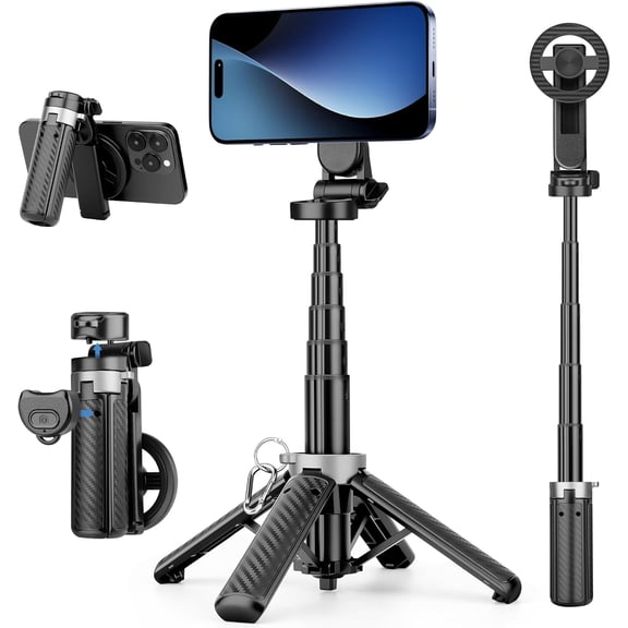 4-in-1 Multifunctional Magnetic Phone Tripod, Portable Selfie Stick for iPhone & Android with Detachable Remote and Metal Ring, Magnetic Tripod Extendable Length 4.33" - 16"