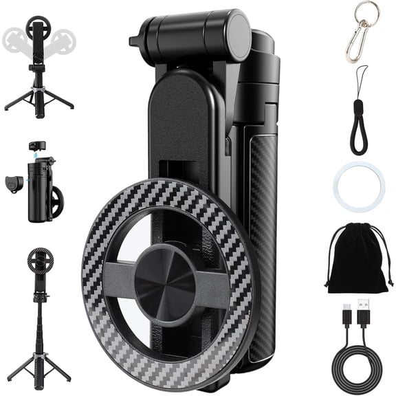 4-in-1 Multifunctional Magnetic Selfie Stick,Universal 360 Rotation Phone Tripod with Wireless Remote,Portable Extendable Mag Tripod,for Video Recording & Vlog,for iPhone & Android(Black)