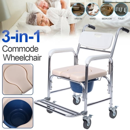 4 in 1 Multifunctional Shower Chair/ bedside Commode / casters and Padded Seat, Commode Pail and Cover White