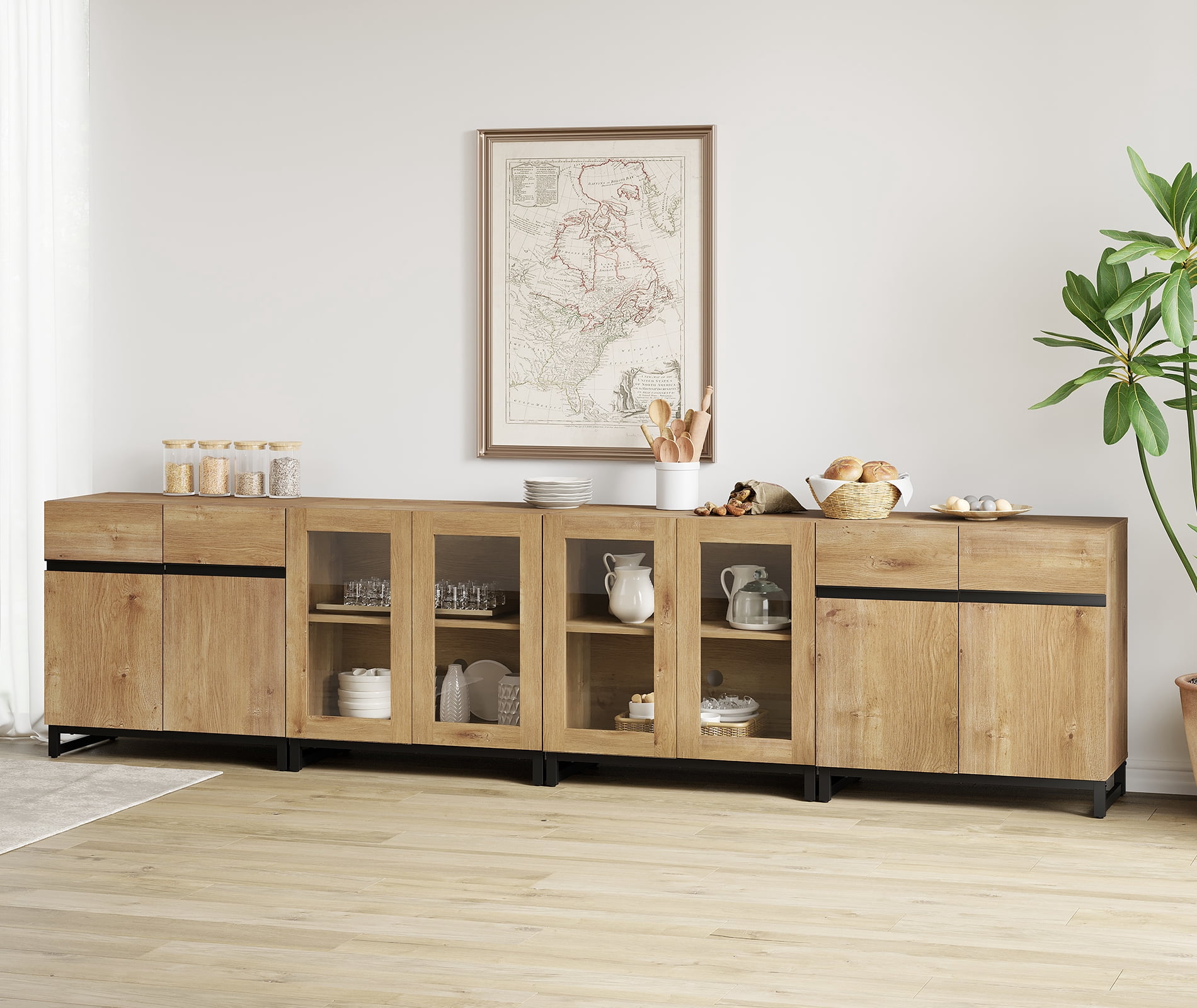 4-in-1 Multifunctional Sideboard Cabinet, Modern Glass Door Buffet Cabinet with Adjustable Shelf & Metal Base, Freestanding Coffee Bar Storage Credenza for Dinning Room,Oak