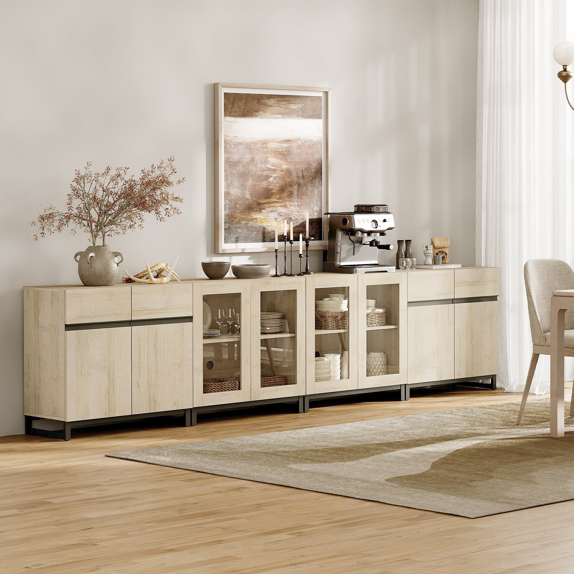 4-in-1 Multifunctional Sideboard Cabinet, Modern Glass Door Buffet Cabinet with Adjustable Shelf & Metal Base, Freestanding Coffee Bar Storage Credenza for Dinning Room,Beige