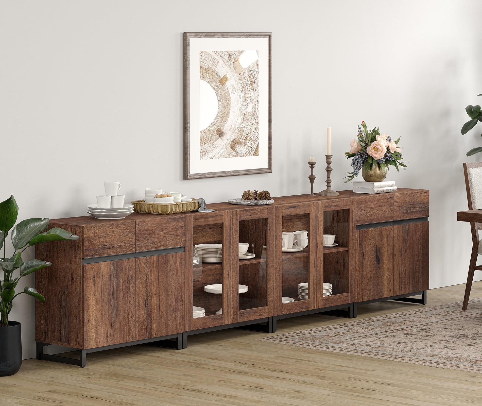 4-in-1 Multifunctional Sideboard Cabinet, Modern Glass Door Buffet Cabinet with Adjustable Shelf & Metal Base, Freestanding Coffee Bar Storage Credenza for Dinning Room,Brown