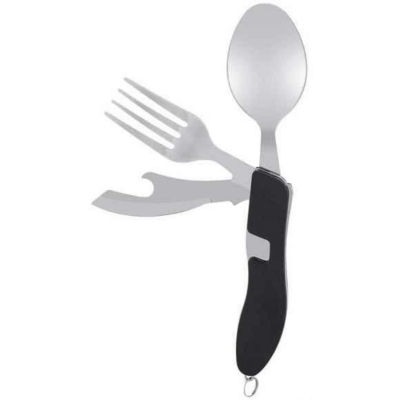 4 in 1 Multifunctional Stainless Steel Folding Spoon Fork Set, Foldable Cutlery for Hiking, Survival, Camping, Picnic Tableware(Black)