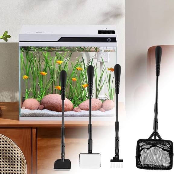4-in-1 Multifunctional Water Tank Cleaning Tool Set,Aquarium Cleaning Kit with Handle,Seaweed Scraper,Fishing Net,Sponge Brush,Wall Brush,Small Fish Tank Cleaning Kit,Hand Tools Kits