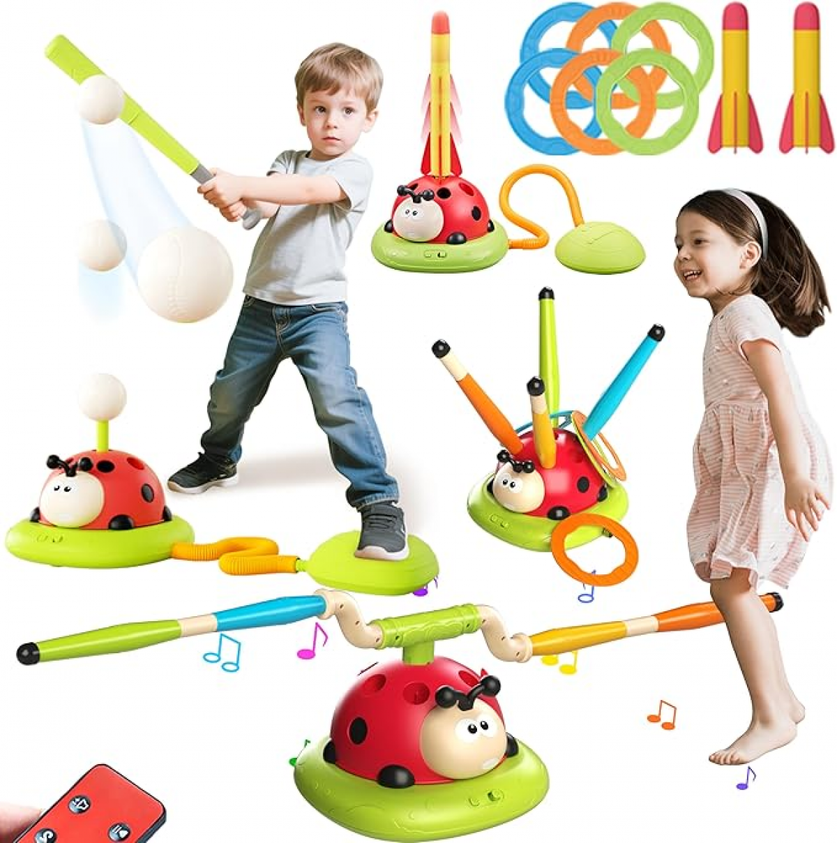 4 in 1 Kids Baseball Set with Musical Jump, Toss Rings & Stomping Launch for Kids Outdoor Games with Remote for Ages 4-8 Gifts